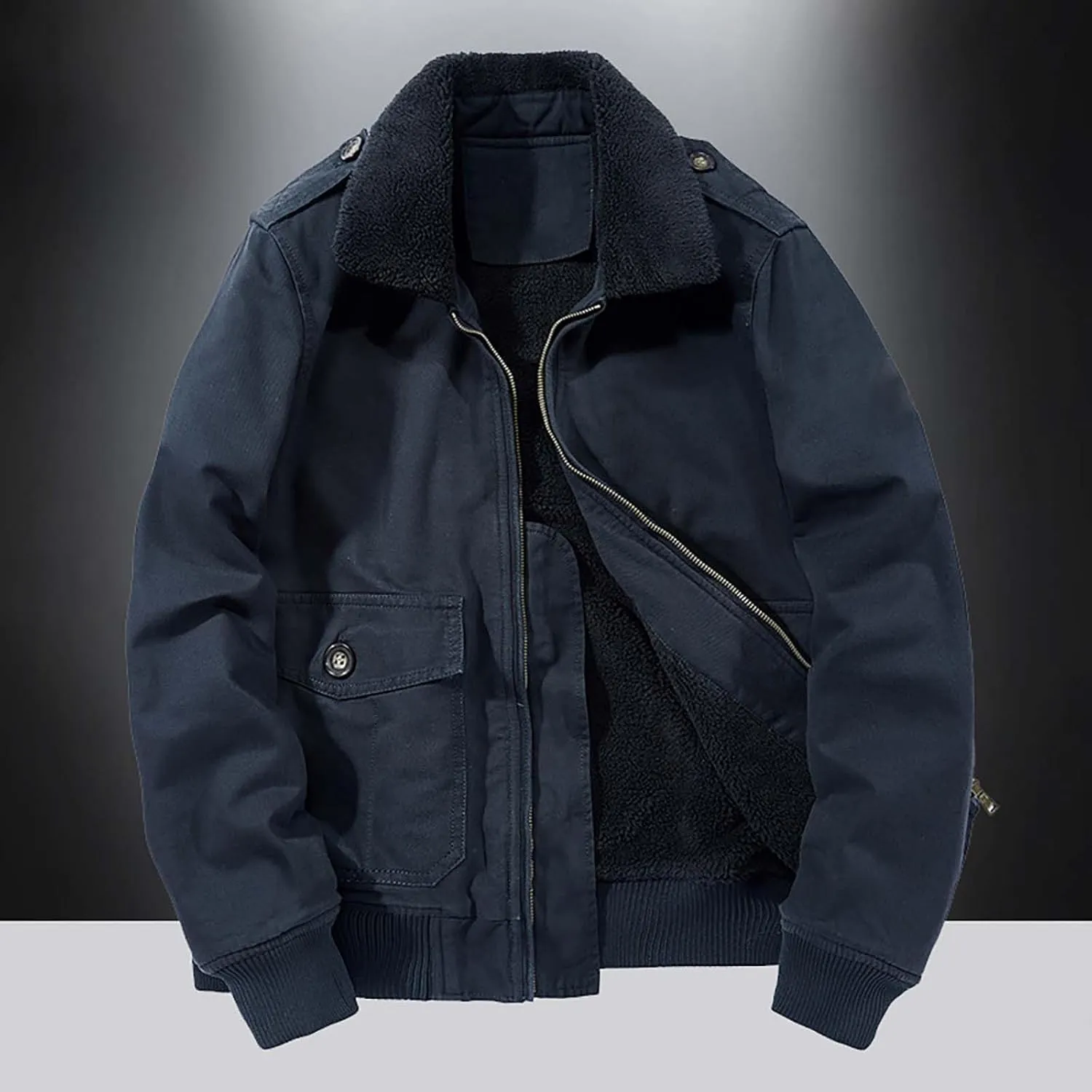 Men's Jacket with Fur Collar Fleece Sherpa Lined Warm Cargo Coat Casual Full Zip Winter Parka Outwear with Pockets
