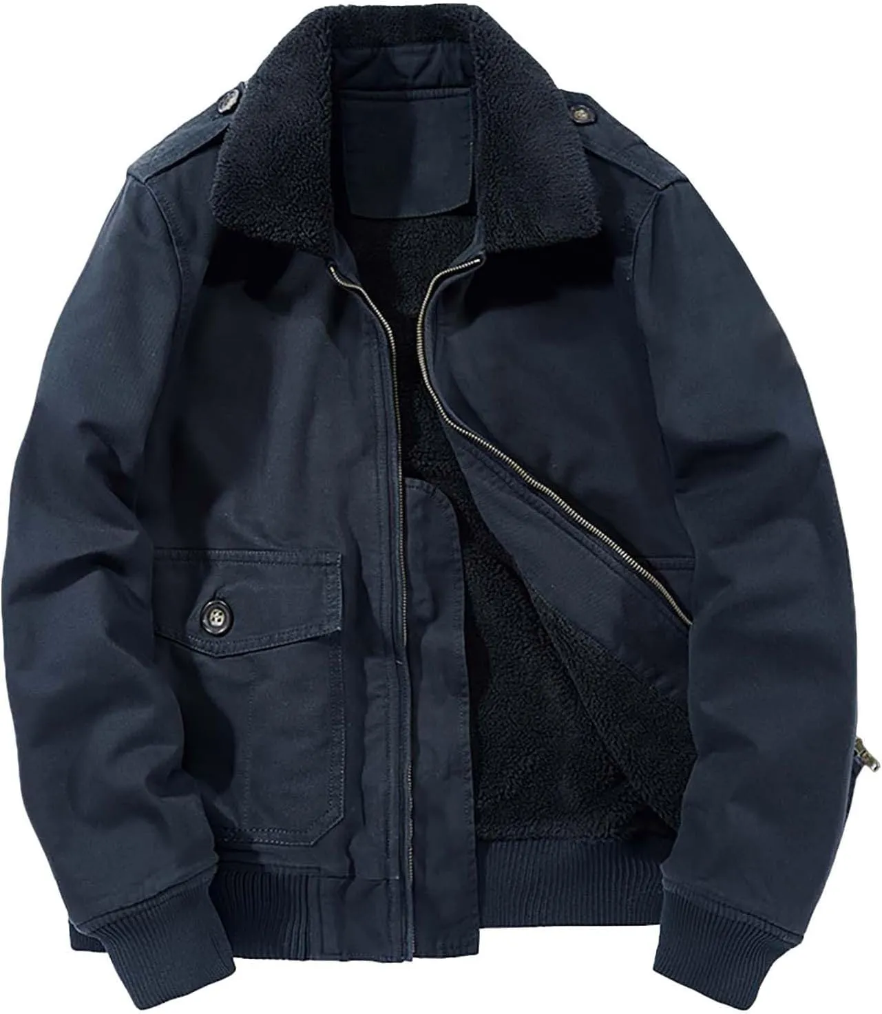 Men's Jacket with Fur Collar Fleece Sherpa Lined Warm Cargo Coat Casual Full Zip Winter Parka Outwear with Pockets