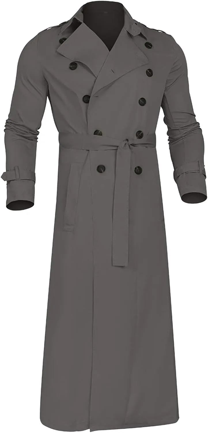Men's Trench Coat Slim fit Double Breasted Belted Windbreaker Lapel Long Jacket Casual Simple Windproof Overcoat