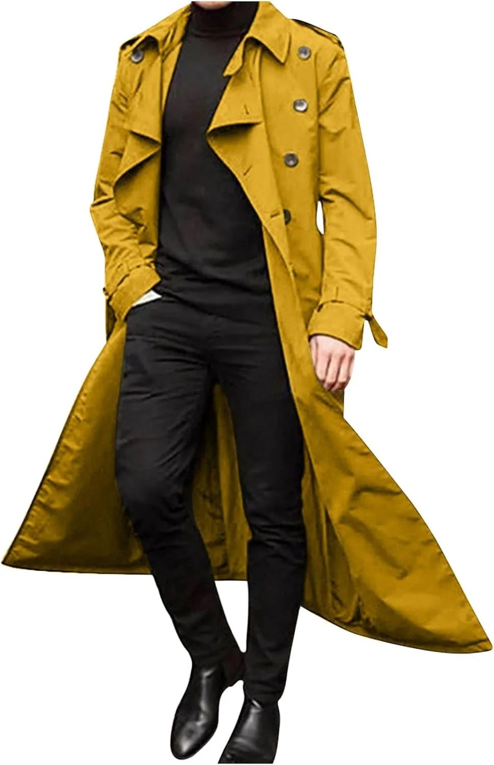 Men's Trench Coat Slim fit Double Breasted Belted Windbreaker Lapel Long Jacket Casual Simple Windproof Overcoat
