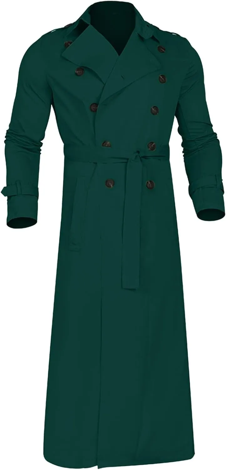 Men's Trench Coat Slim fit Double Breasted Belted Windbreaker Lapel Long Jacket Casual Simple Windproof Overcoat