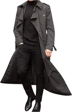 Men's Trench Coat Slim fit Double Breasted Belted Windbreaker Lapel Long Jacket Casual Simple Windproof Overcoat