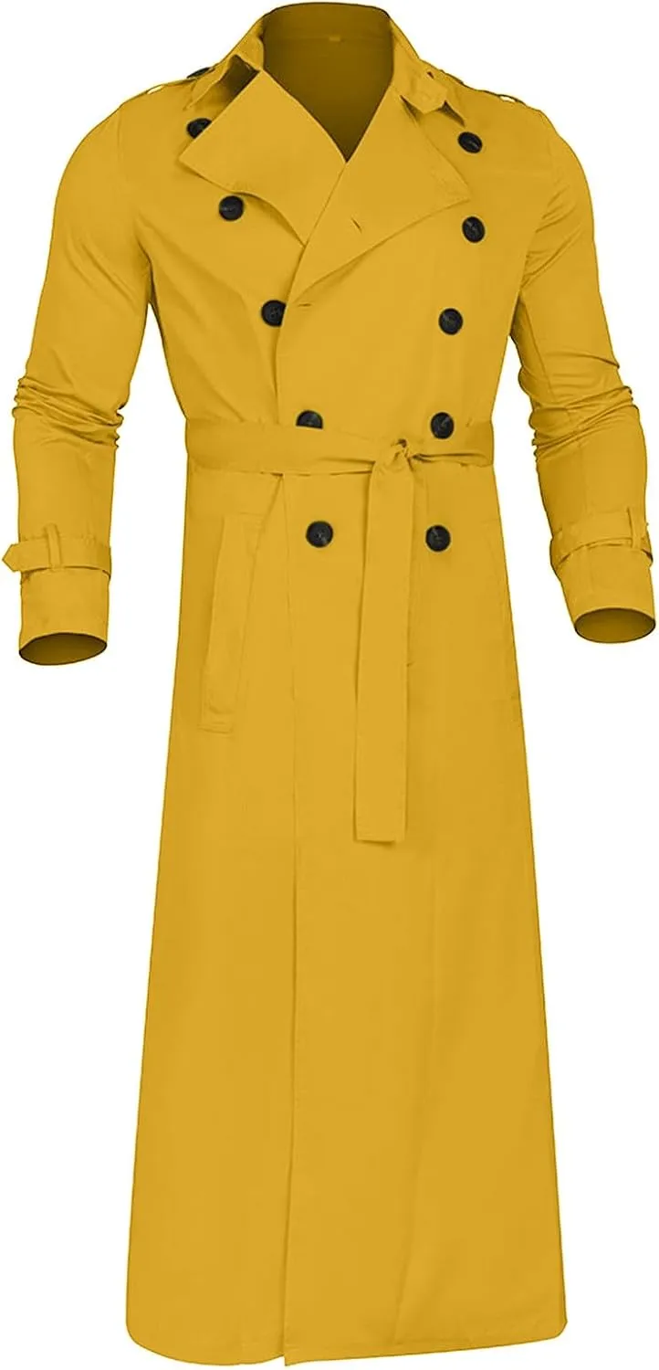 Men's Trench Coat Slim fit Double Breasted Belted Windbreaker Lapel Long Jacket Casual Simple Windproof Overcoat