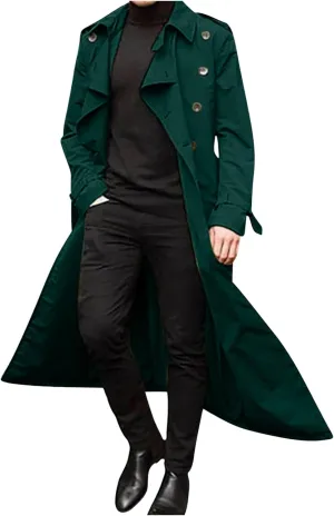 Men's Trench Coat Slim fit Double Breasted Belted Windbreaker Lapel Long Jacket Casual Simple Windproof Overcoat