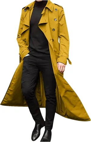 Men's Trench Coat Slim fit Double Breasted Belted Windbreaker Lapel Long Jacket Casual Simple Windproof Overcoat