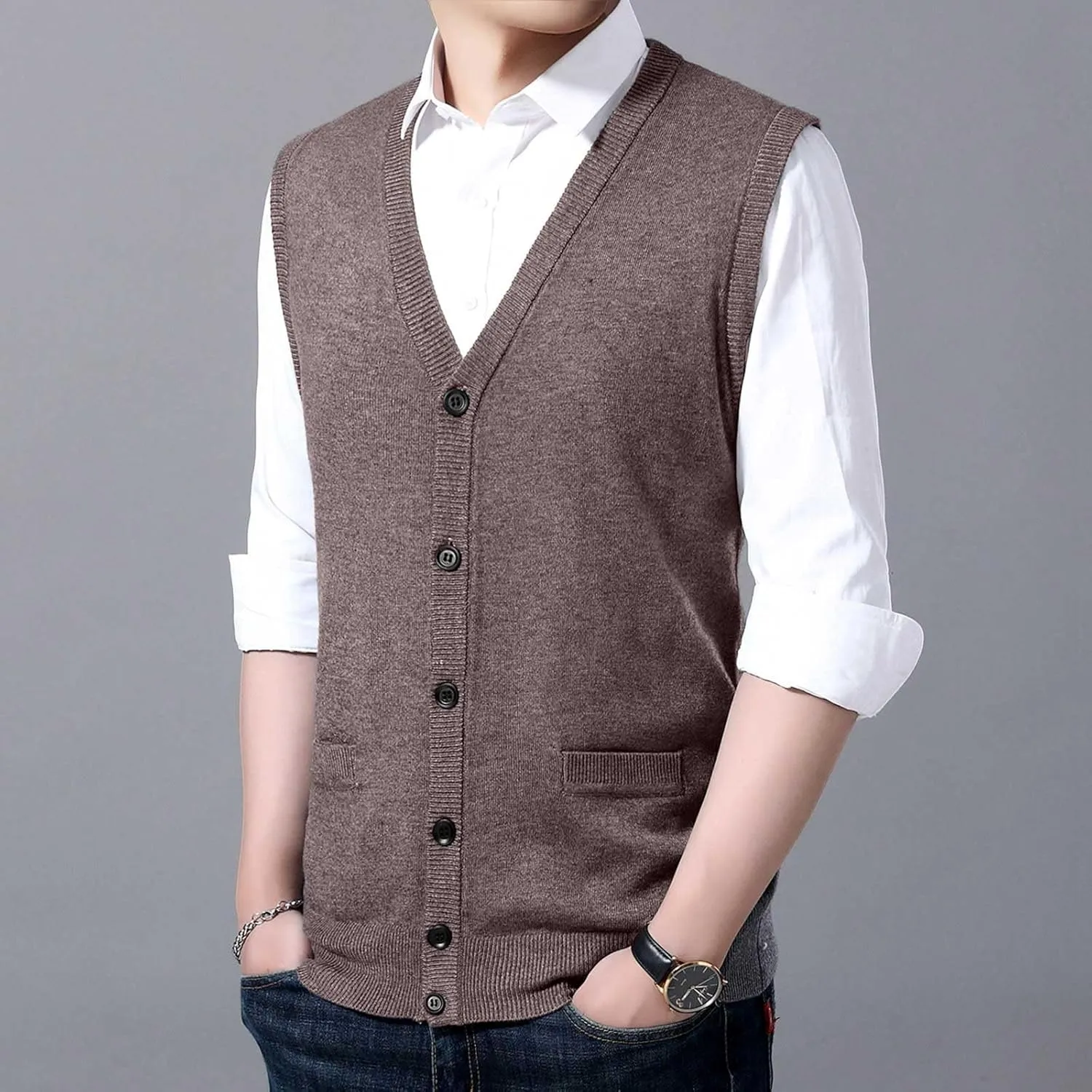 Men's V Neck Sweater Vest Notch Collar Sleeveless Shirts Button Down Knitted Pullover Solid Color Tops with Pockets