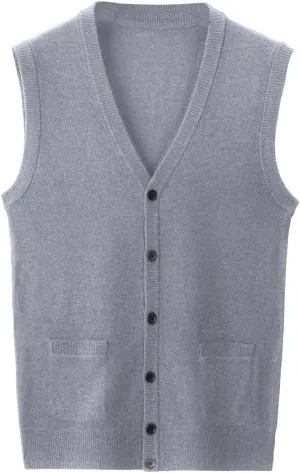 Men's V Neck Sweater Vest Notch Collar Sleeveless Shirts Button Down Knitted Pullover Solid Color Tops with Pockets