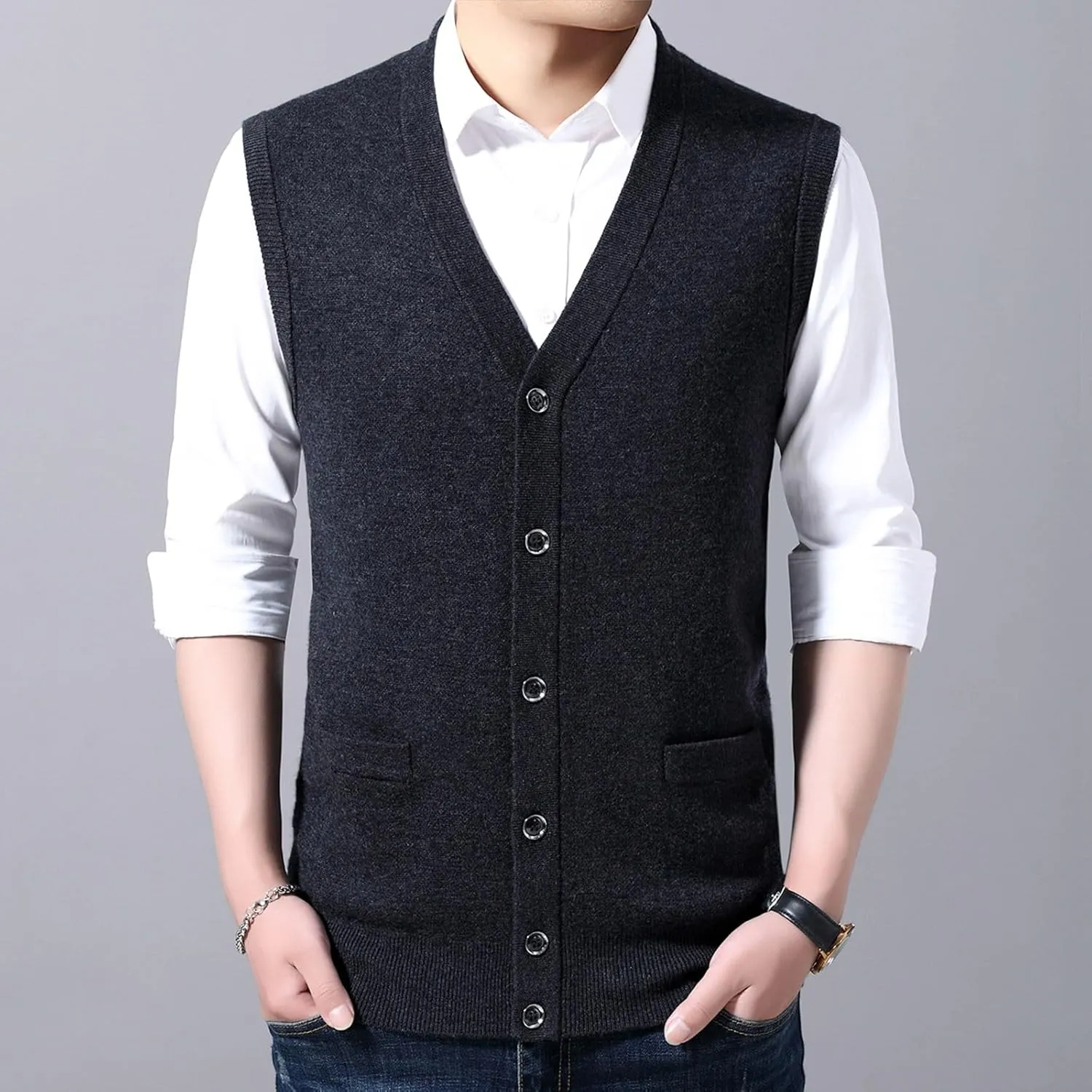 Men's V Neck Sweater Vest Notch Collar Sleeveless Shirts Button Down Knitted Pullover Solid Color Tops with Pockets