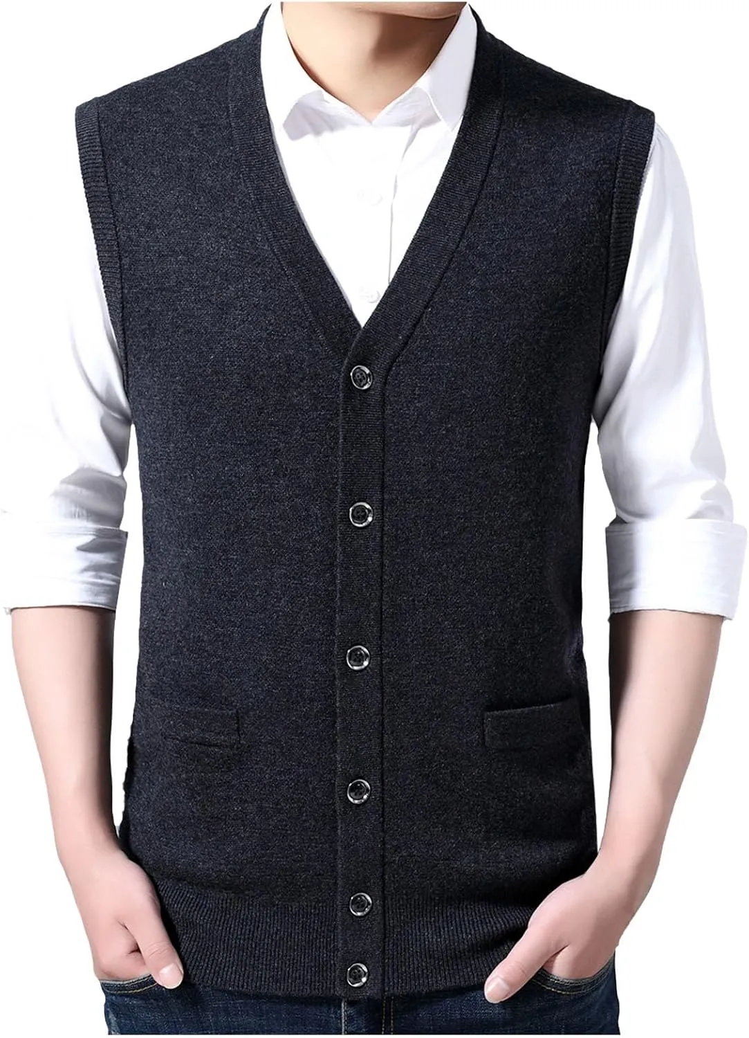 Men's V Neck Sweater Vest Notch Collar Sleeveless Shirts Button Down Knitted Pullover Solid Color Tops with Pockets