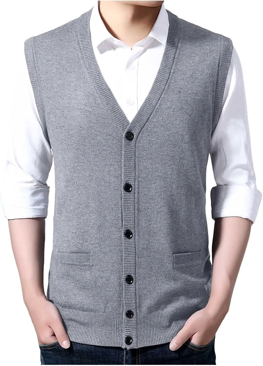 Men's V Neck Sweater Vest Notch Collar Sleeveless Shirts Button Down Knitted Pullover Solid Color Tops with Pockets