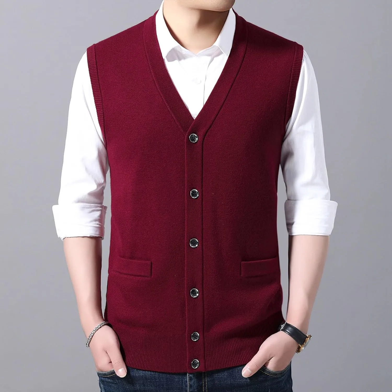 Men's V Neck Sweater Vest Notch Collar Sleeveless Shirts Button Down Knitted Pullover Solid Color Tops with Pockets
