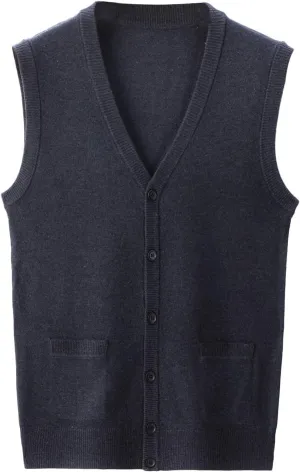 Men's V Neck Sweater Vest Notch Collar Sleeveless Shirts Button Down Knitted Pullover Solid Color Tops with Pockets