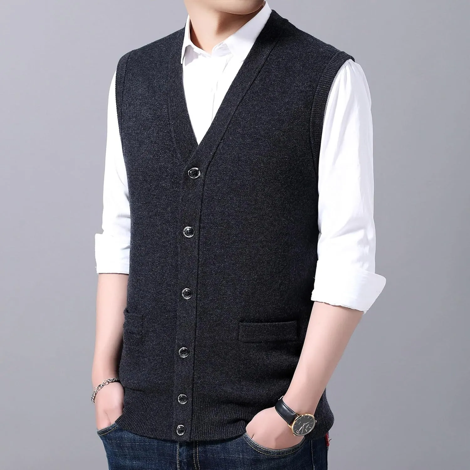 Men's V Neck Sweater Vest Notch Collar Sleeveless Shirts Button Down Knitted Pullover Solid Color Tops with Pockets