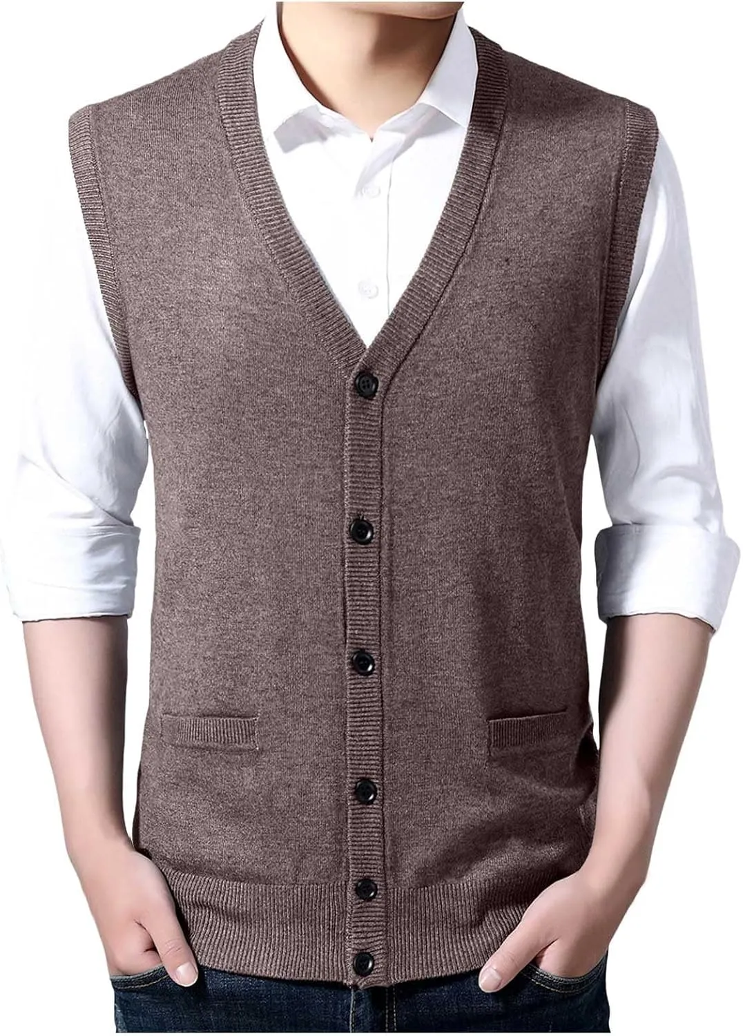 Men's V Neck Sweater Vest Notch Collar Sleeveless Shirts Button Down Knitted Pullover Solid Color Tops with Pockets