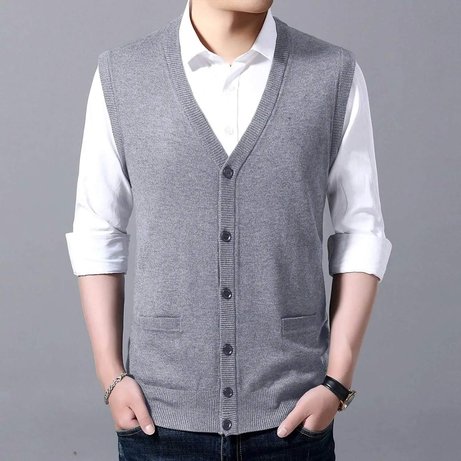 Men's V Neck Sweater Vest Notch Collar Sleeveless Shirts Button Down Knitted Pullover Solid Color Tops with Pockets