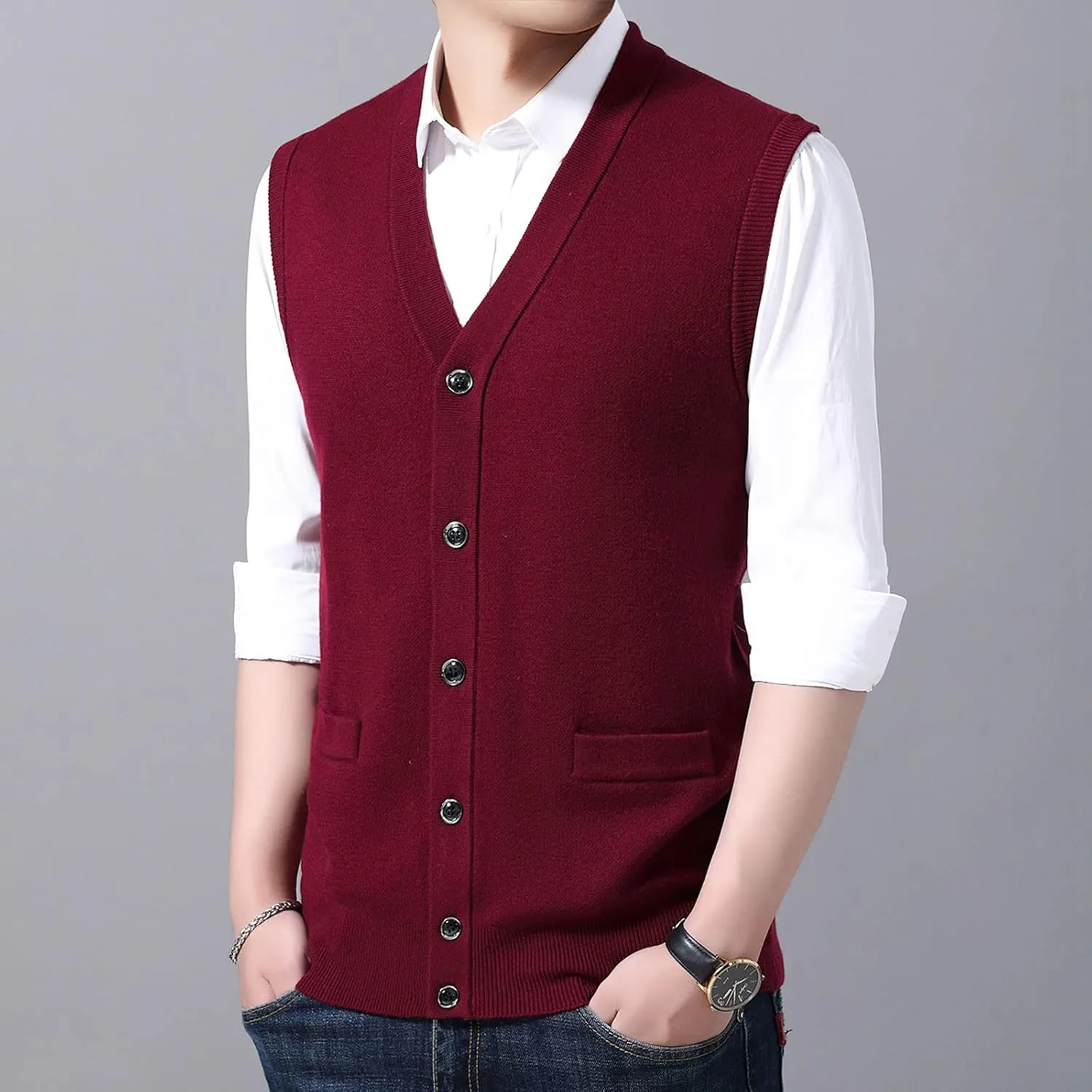 Men's V Neck Sweater Vest Notch Collar Sleeveless Shirts Button Down Knitted Pullover Solid Color Tops with Pockets