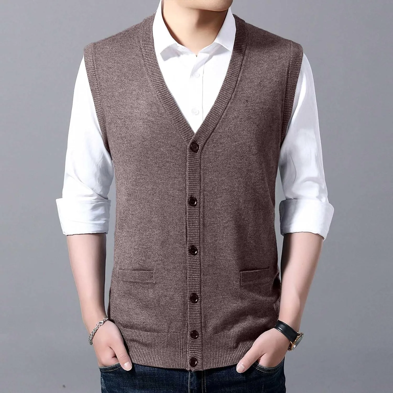 Men's V Neck Sweater Vest Notch Collar Sleeveless Shirts Button Down Knitted Pullover Solid Color Tops with Pockets