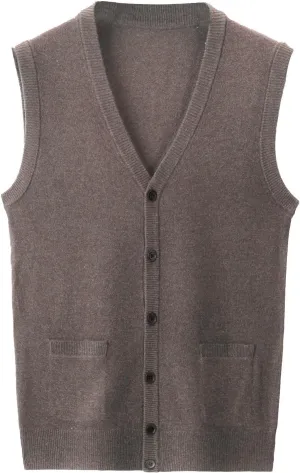 Men's V Neck Sweater Vest Notch Collar Sleeveless Shirts Button Down Knitted Pullover Solid Color Tops with Pockets