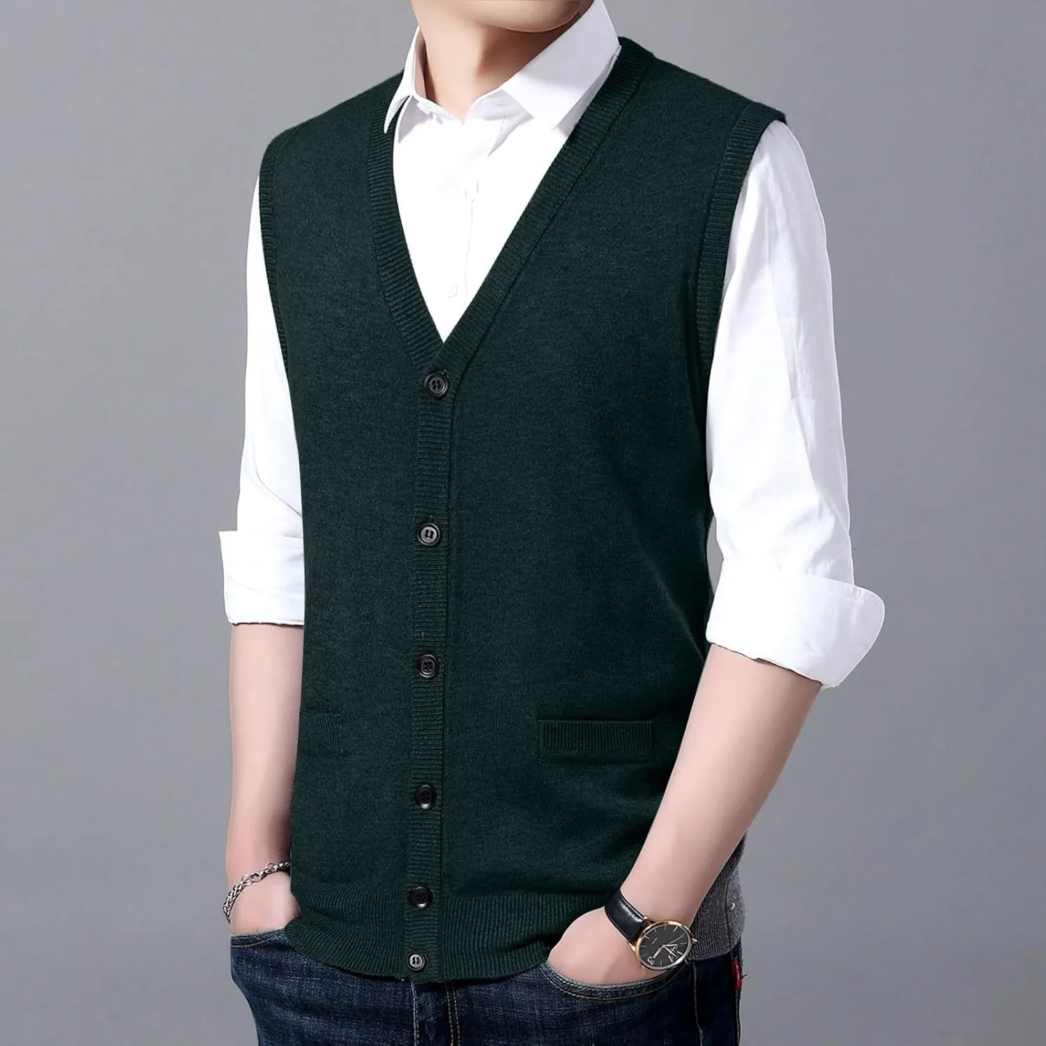 Men's V Neck Sweater Vest Notch Collar Sleeveless Shirts Button Down Knitted Pullover Solid Color Tops with Pockets