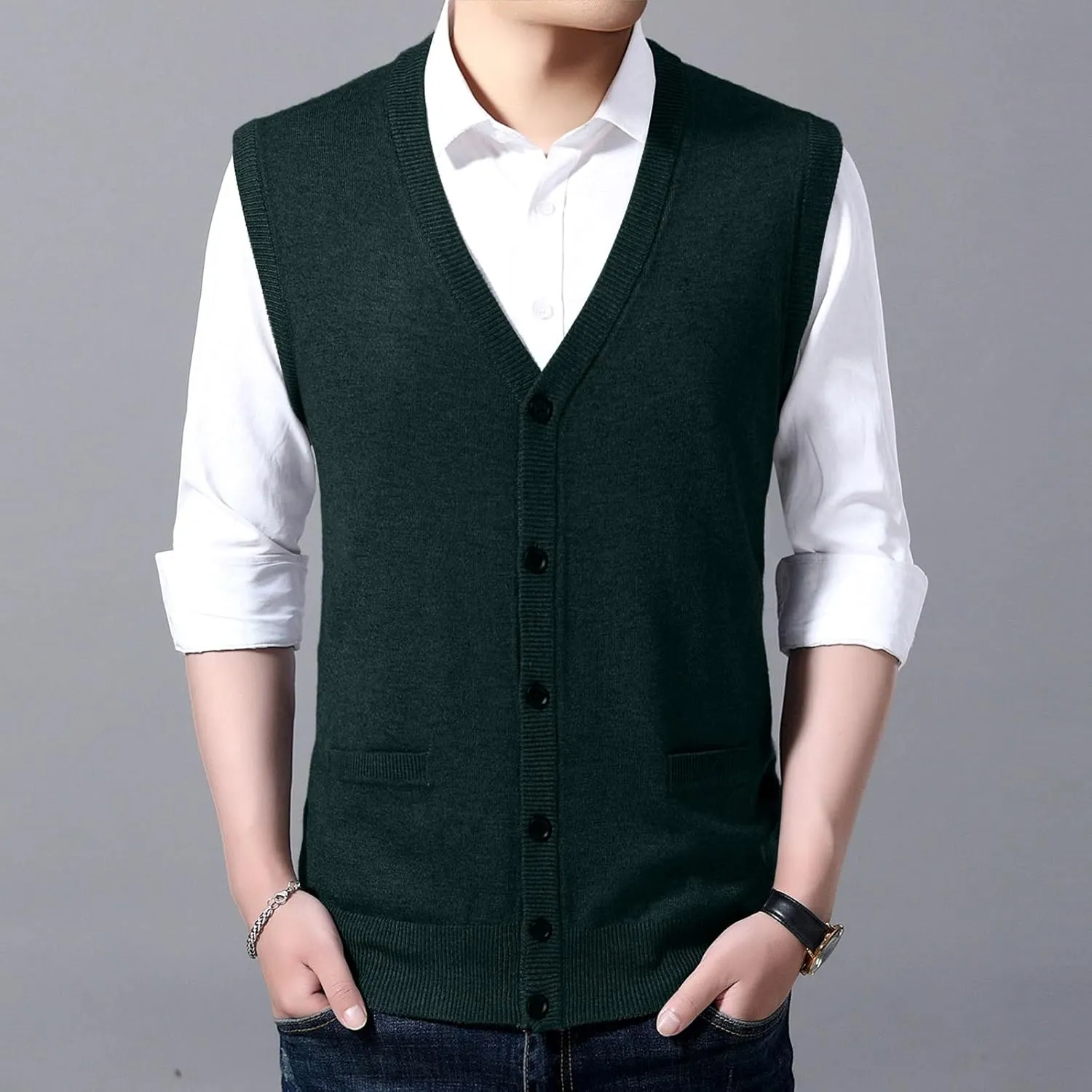 Men's V Neck Sweater Vest Notch Collar Sleeveless Shirts Button Down Knitted Pullover Solid Color Tops with Pockets