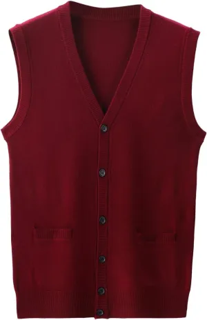 Men's V Neck Sweater Vest Notch Collar Sleeveless Shirts Button Down Knitted Pullover Solid Color Tops with Pockets