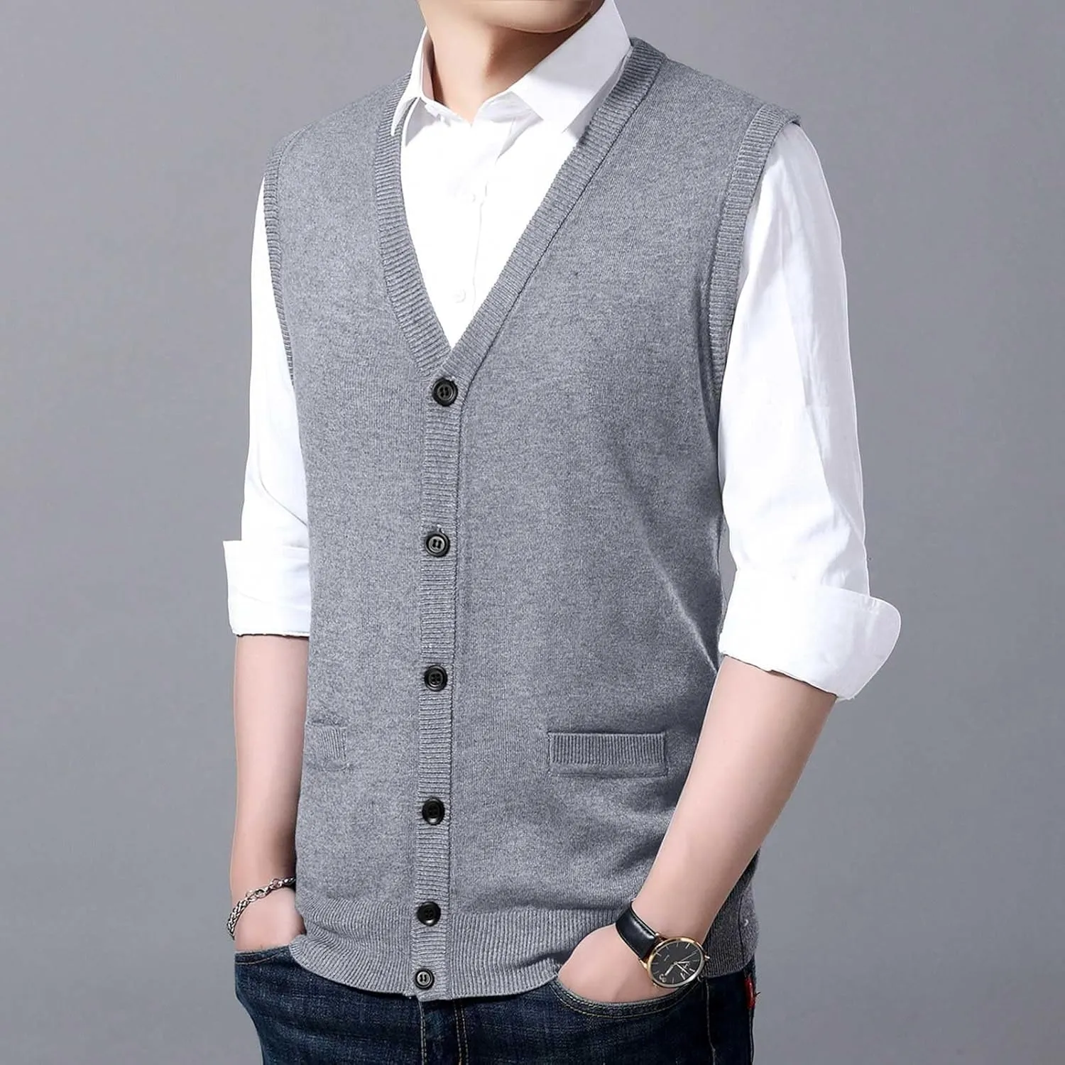 Men's V Neck Sweater Vest Notch Collar Sleeveless Shirts Button Down Knitted Pullover Solid Color Tops with Pockets