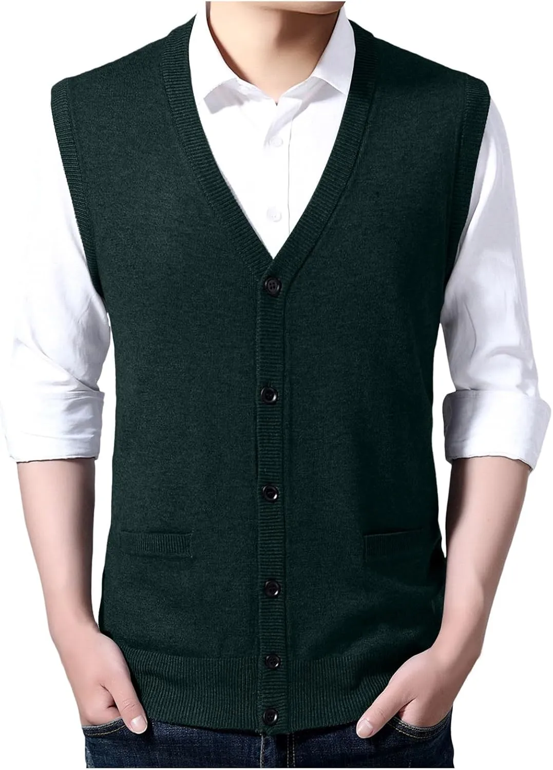 Men's V Neck Sweater Vest Notch Collar Sleeveless Shirts Button Down Knitted Pullover Solid Color Tops with Pockets