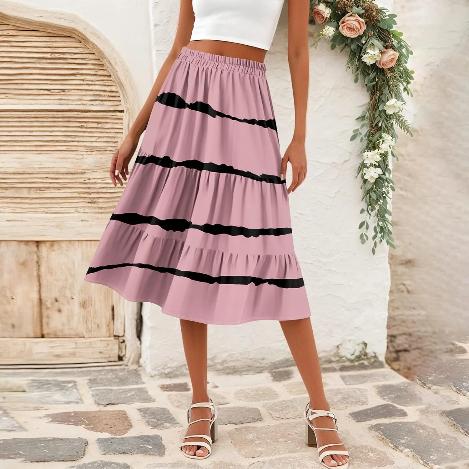 midi Tiered Skirts for Women Summer Boho Floral Long Ruffle Flowy high Elastic Waist a line Skirts Vacation Skort