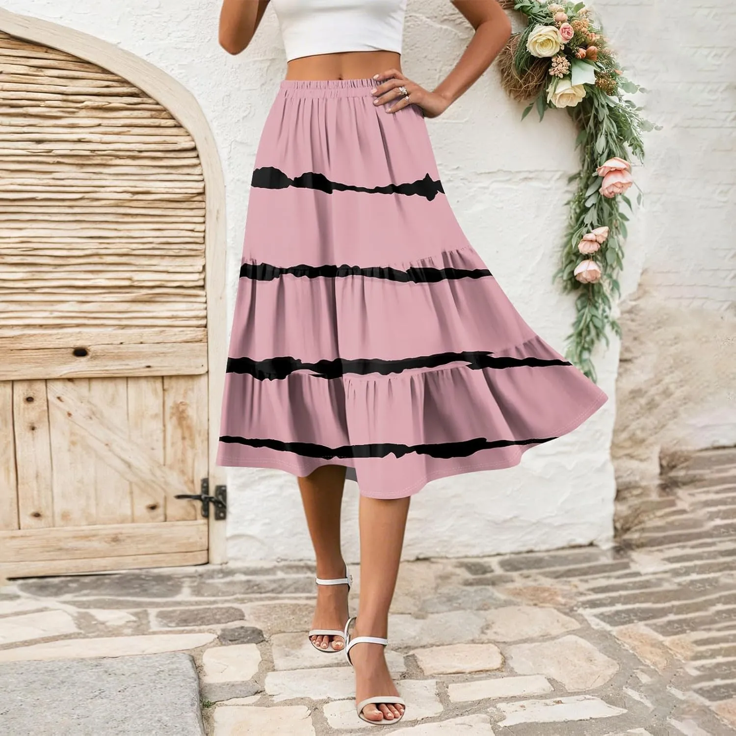 midi Tiered Skirts for Women Summer Boho Floral Long Ruffle Flowy high Elastic Waist a line Skirts Vacation Skort