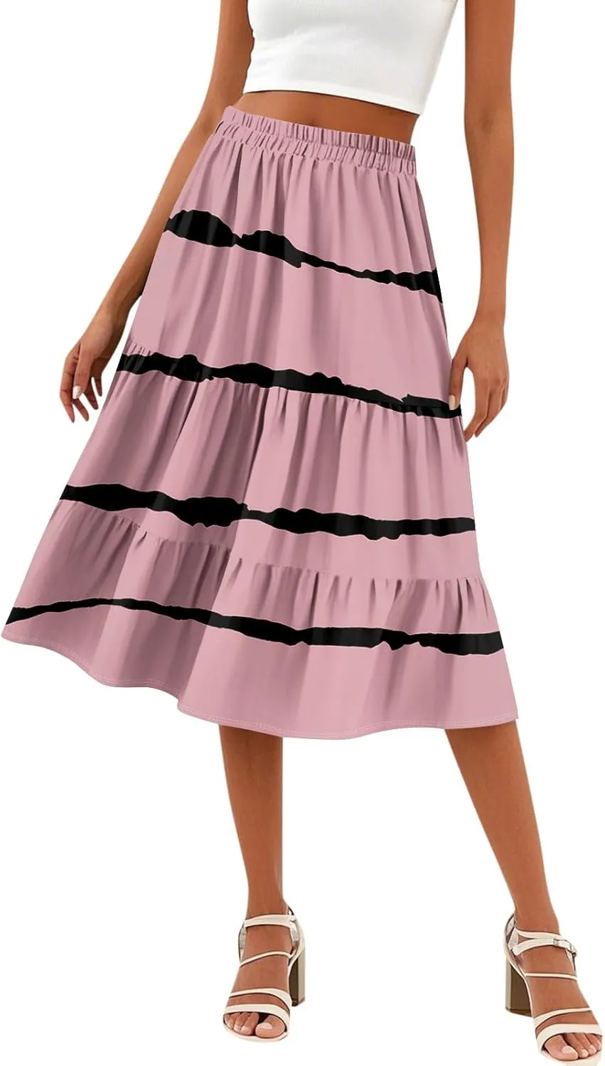 midi Tiered Skirts for Women Summer Boho Floral Long Ruffle Flowy high Elastic Waist a line Skirts Vacation Skort