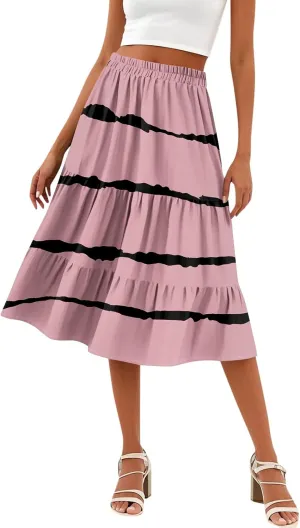 midi Tiered Skirts for Women Summer Boho Floral Long Ruffle Flowy high Elastic Waist a line Skirts Vacation Skort