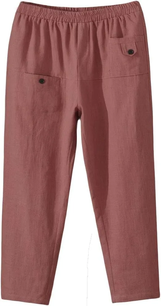 Minibee Women's Elastic Waist Casual Crop Linen Pull On Pants