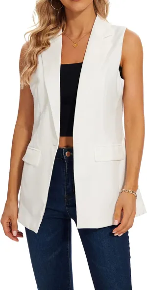 MINTLIMIT Womens Casual Vest Sleeveless Blazer Button Front Jacket Office Fully Lined Notched Lapel Long Blazers with Pockets