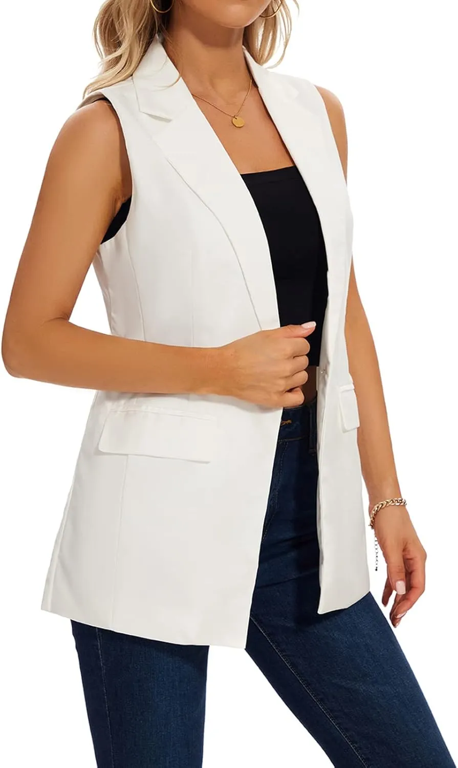 MINTLIMIT Womens Casual Vest Sleeveless Blazer Button Front Jacket Office Fully Lined Notched Lapel Long Blazers with Pockets