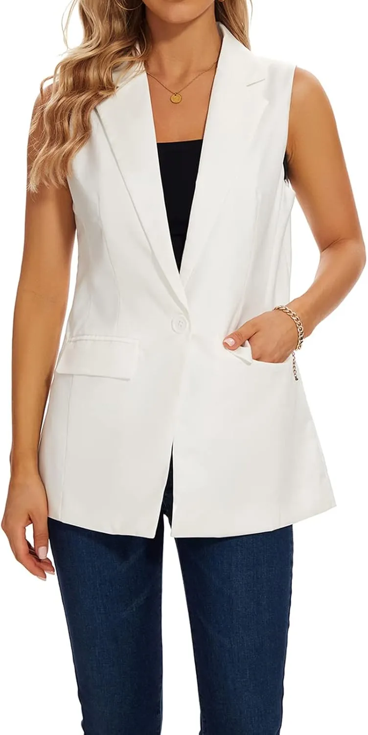 MINTLIMIT Womens Casual Vest Sleeveless Blazer Button Front Jacket Office Fully Lined Notched Lapel Long Blazers with Pockets