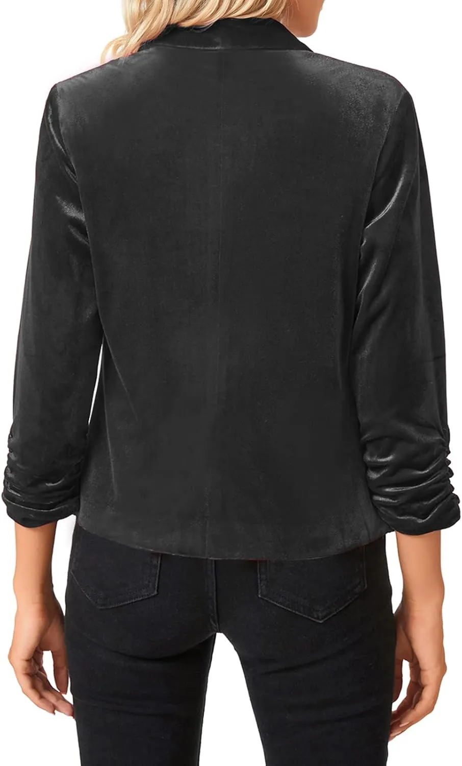 MINTLIMIT Women's Velvet Blazer 3/4 Ruched Sleeve Open Front Blazers Casual Lightweight Shawl Lapel Jackets