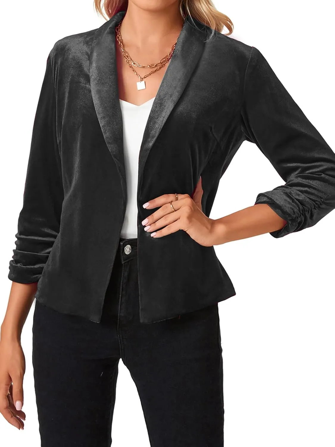 MINTLIMIT Women's Velvet Blazer 3/4 Ruched Sleeve Open Front Blazers Casual Lightweight Shawl Lapel Jackets