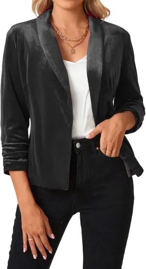 MINTLIMIT Women's Velvet Blazer 3/4 Ruched Sleeve Open Front Blazers Casual Lightweight Shawl Lapel Jackets