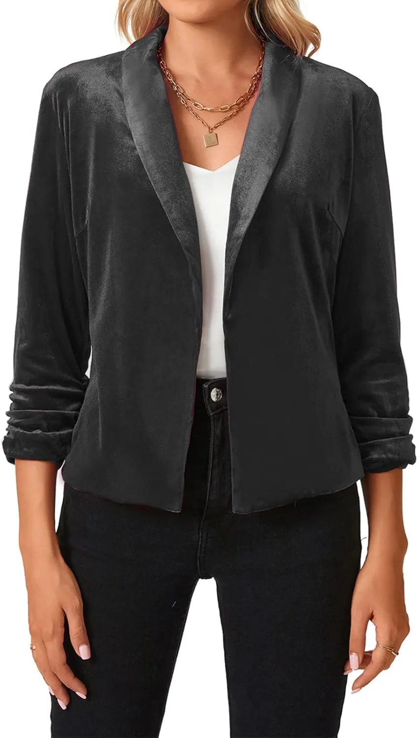MINTLIMIT Women's Velvet Blazer 3/4 Ruched Sleeve Open Front Blazers Casual Lightweight Shawl Lapel Jackets