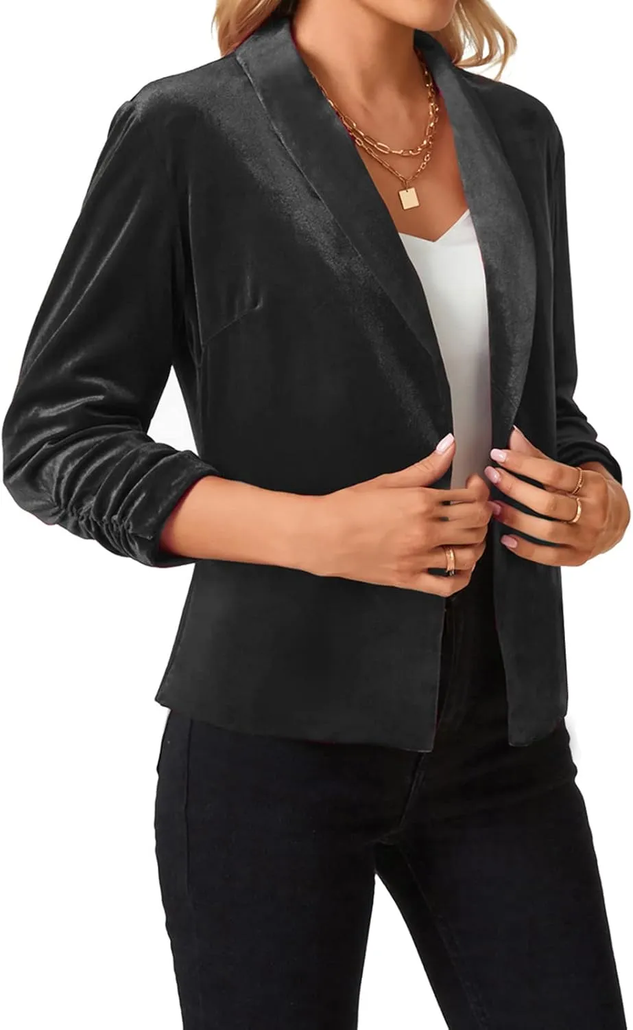 MINTLIMIT Women's Velvet Blazer 3/4 Ruched Sleeve Open Front Blazers Casual Lightweight Shawl Lapel Jackets