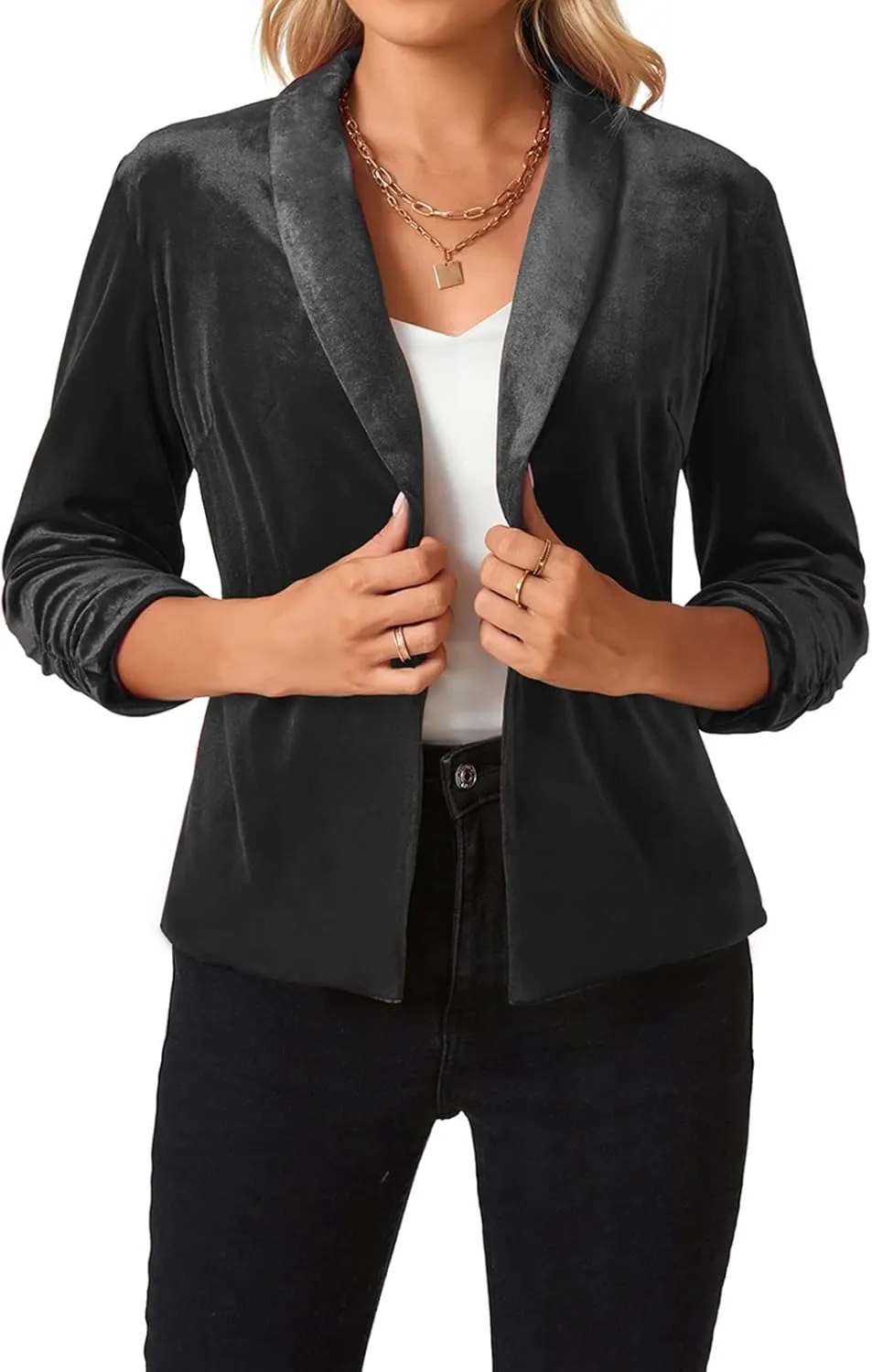 MINTLIMIT Women's Velvet Blazer 3/4 Ruched Sleeve Open Front Blazers Casual Lightweight Shawl Lapel Jackets