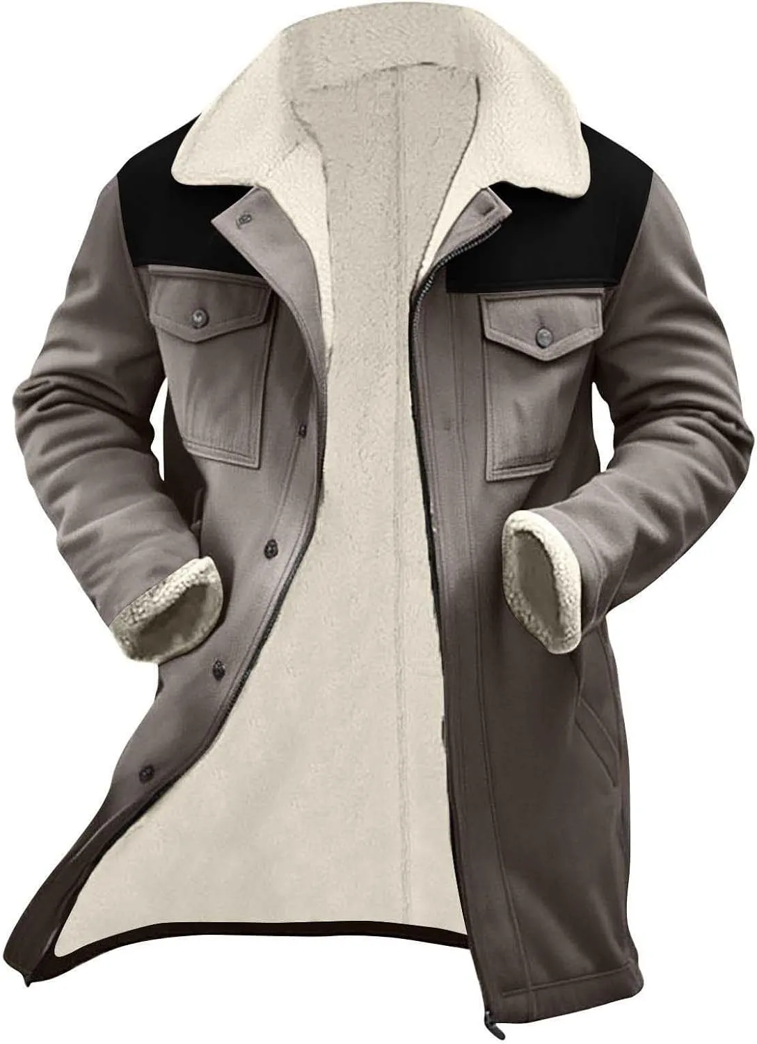 Muscularfit Faux Leather Long Trench Coats Men Vintage Suede Jacket Plush Collar Coats Zip Up Sherpa Motorcycle Jacket Coats