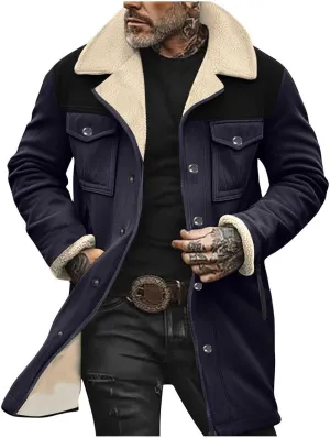Muscularfit Faux Leather Long Trench Coats Men Vintage Suede Jacket Plush Collar Coats Zip Up Sherpa Motorcycle Jacket Coats