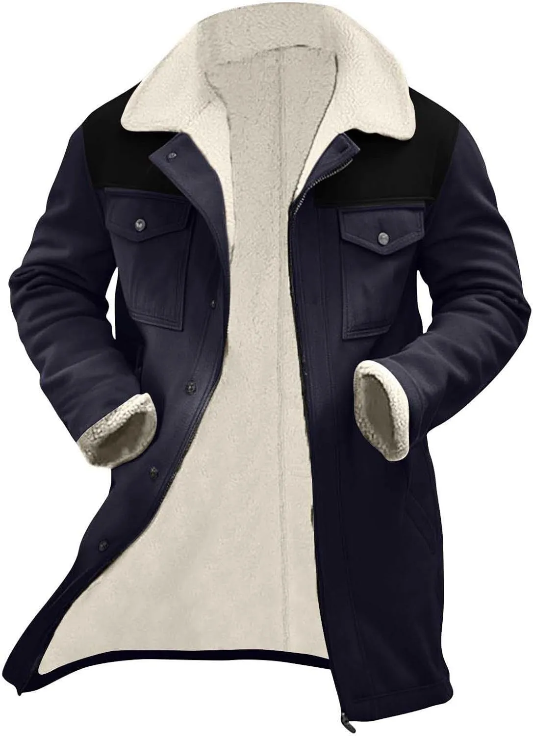 Muscularfit Faux Leather Long Trench Coats Men Vintage Suede Jacket Plush Collar Coats Zip Up Sherpa Motorcycle Jacket Coats