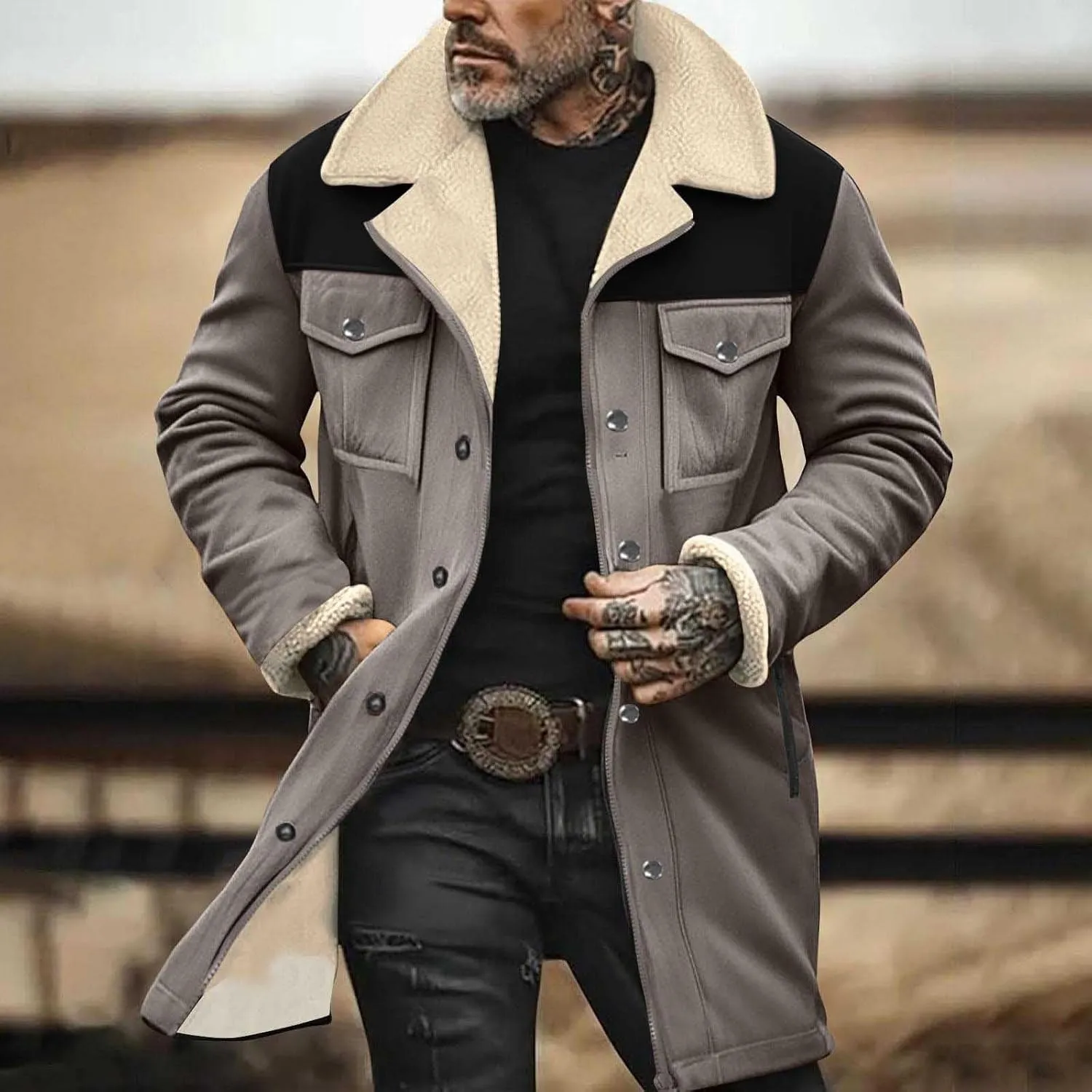 Muscularfit Faux Leather Long Trench Coats Men Vintage Suede Jacket Plush Collar Coats Zip Up Sherpa Motorcycle Jacket Coats