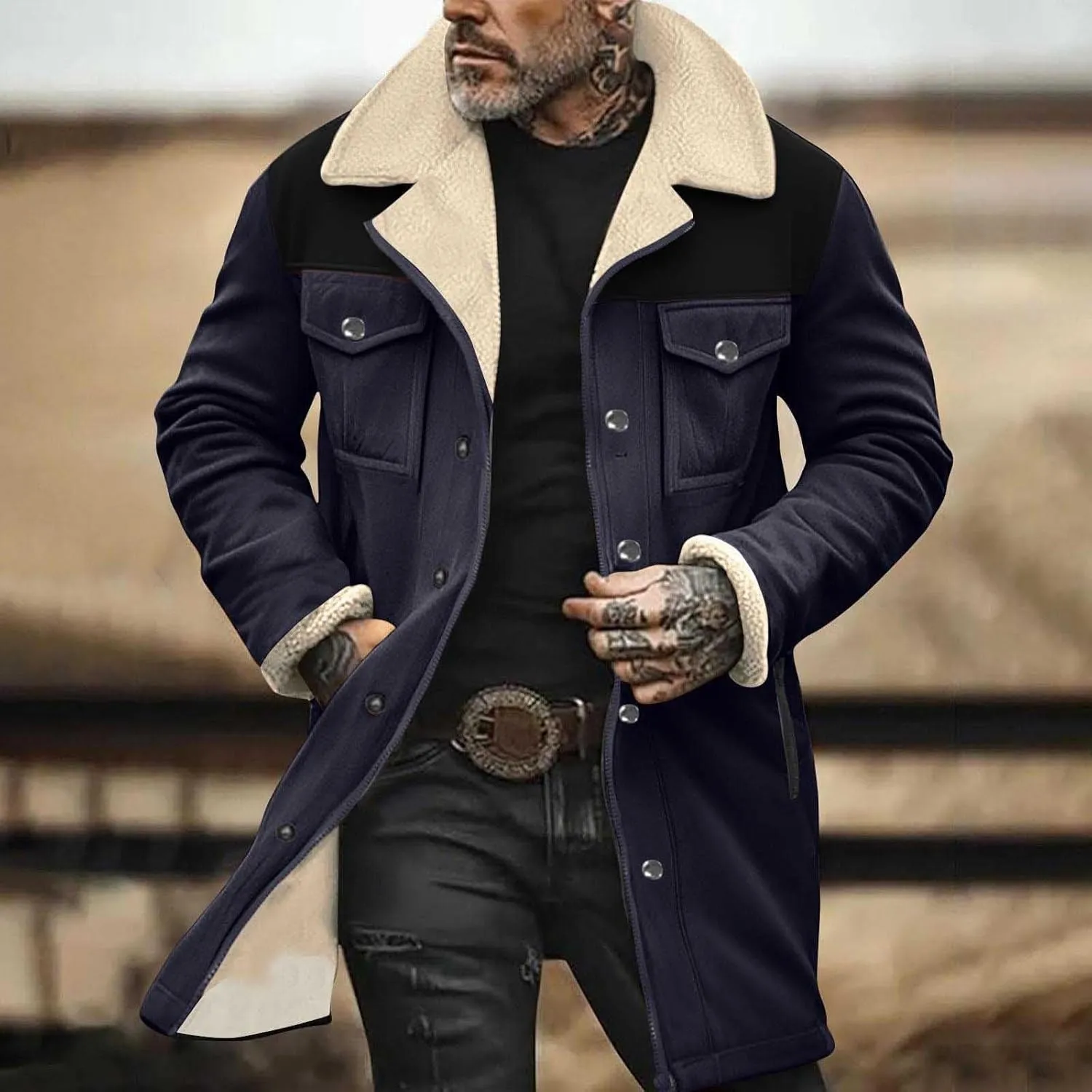 Muscularfit Faux Leather Long Trench Coats Men Vintage Suede Jacket Plush Collar Coats Zip Up Sherpa Motorcycle Jacket Coats