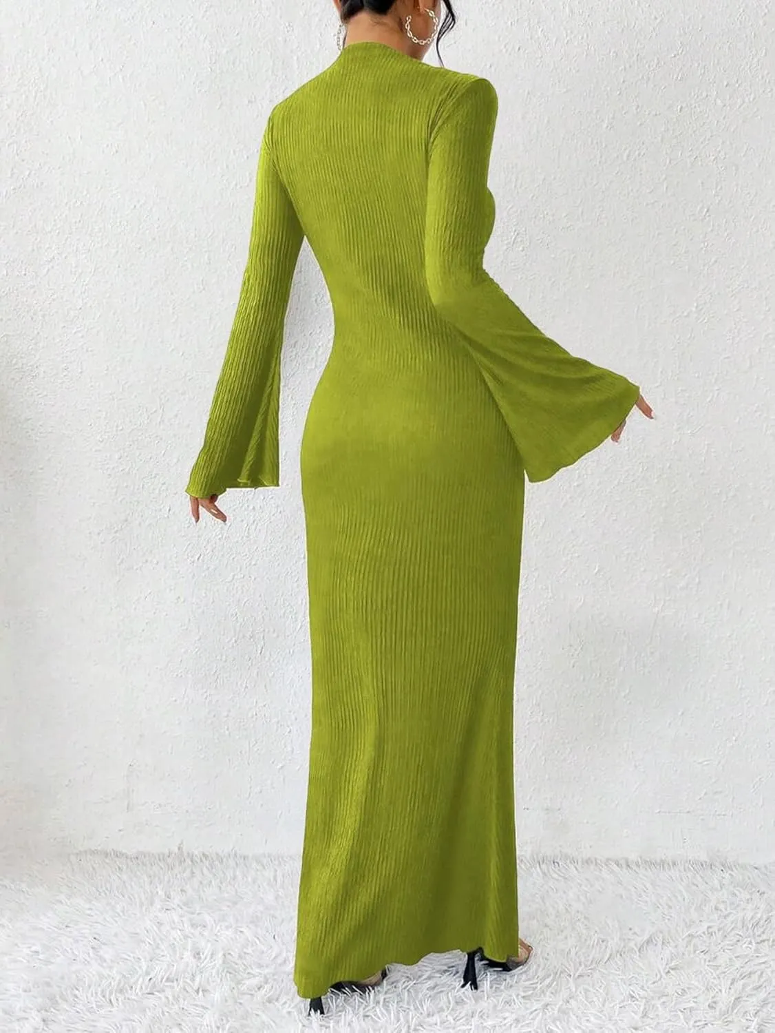 Narecte Women's Fall Maxi Dresses 2024 Boho Solid Color Mermaid Hem Flare Sleeve S-XL