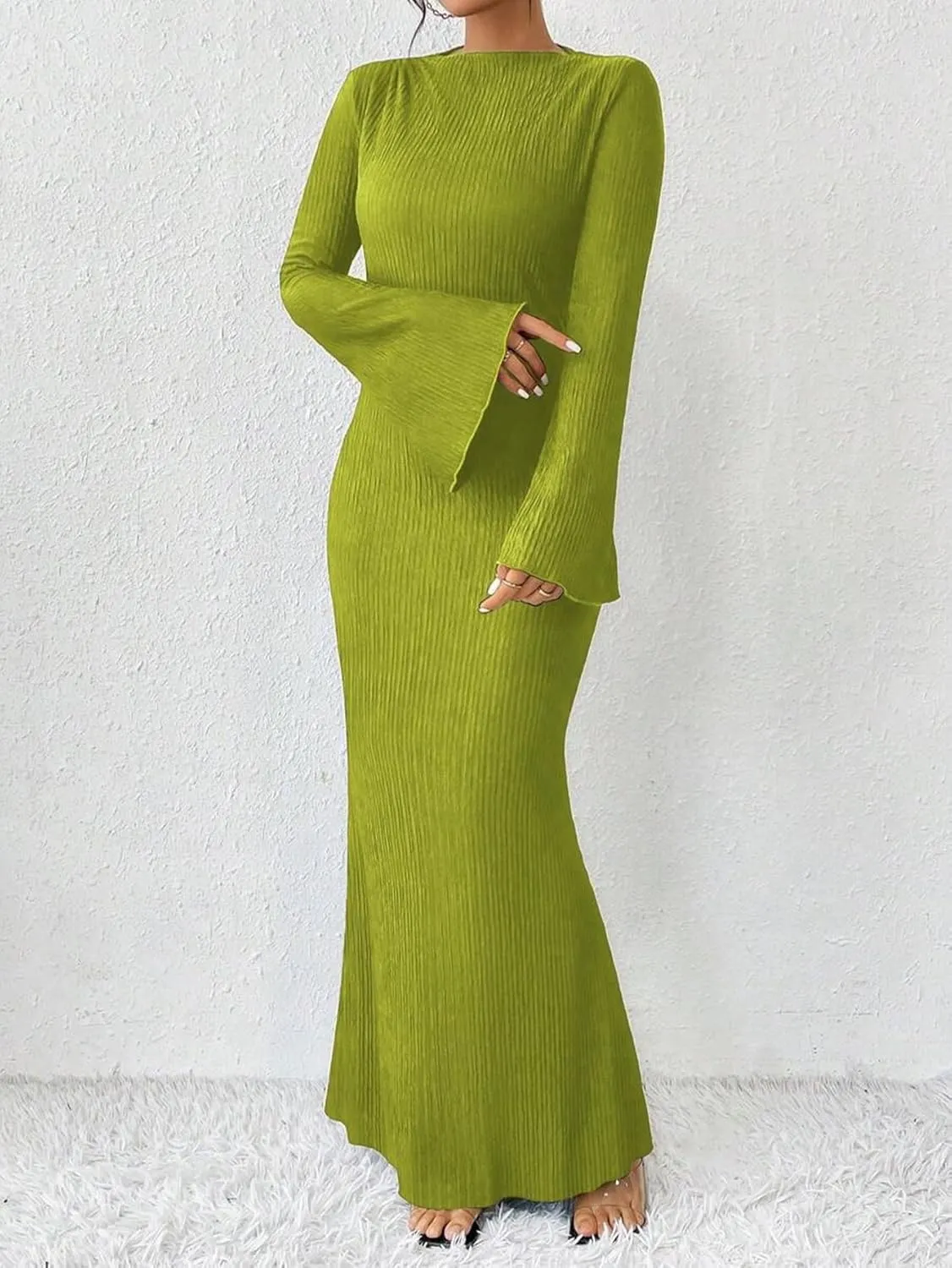 Narecte Women's Fall Maxi Dresses 2024 Boho Solid Color Mermaid Hem Flare Sleeve S-XL