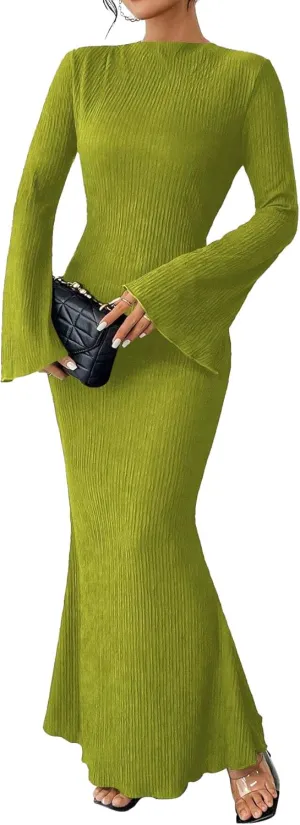 Narecte Women's Fall Maxi Dresses 2024 Boho Solid Color Mermaid Hem Flare Sleeve S-XL