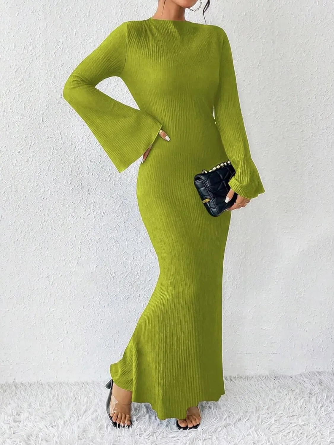 Narecte Women's Fall Maxi Dresses 2024 Boho Solid Color Mermaid Hem Flare Sleeve S-XL